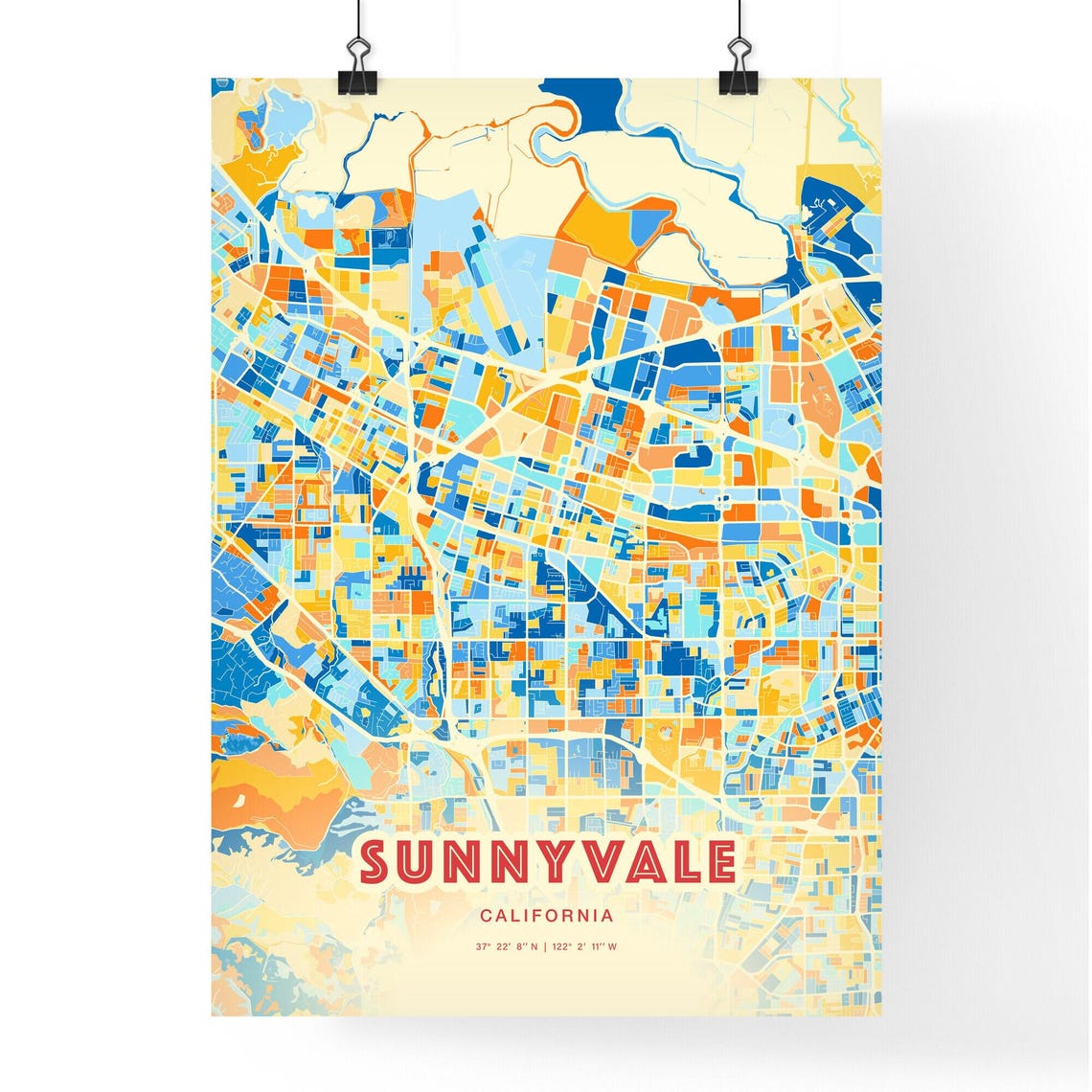 Sunnyvale California Modern Geometric Blue Orange City Map Art Poster - Image 3