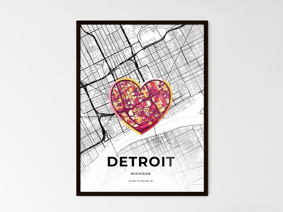 Detroit Michigan Minimal Map Art With Colorful Heart Icon Poster