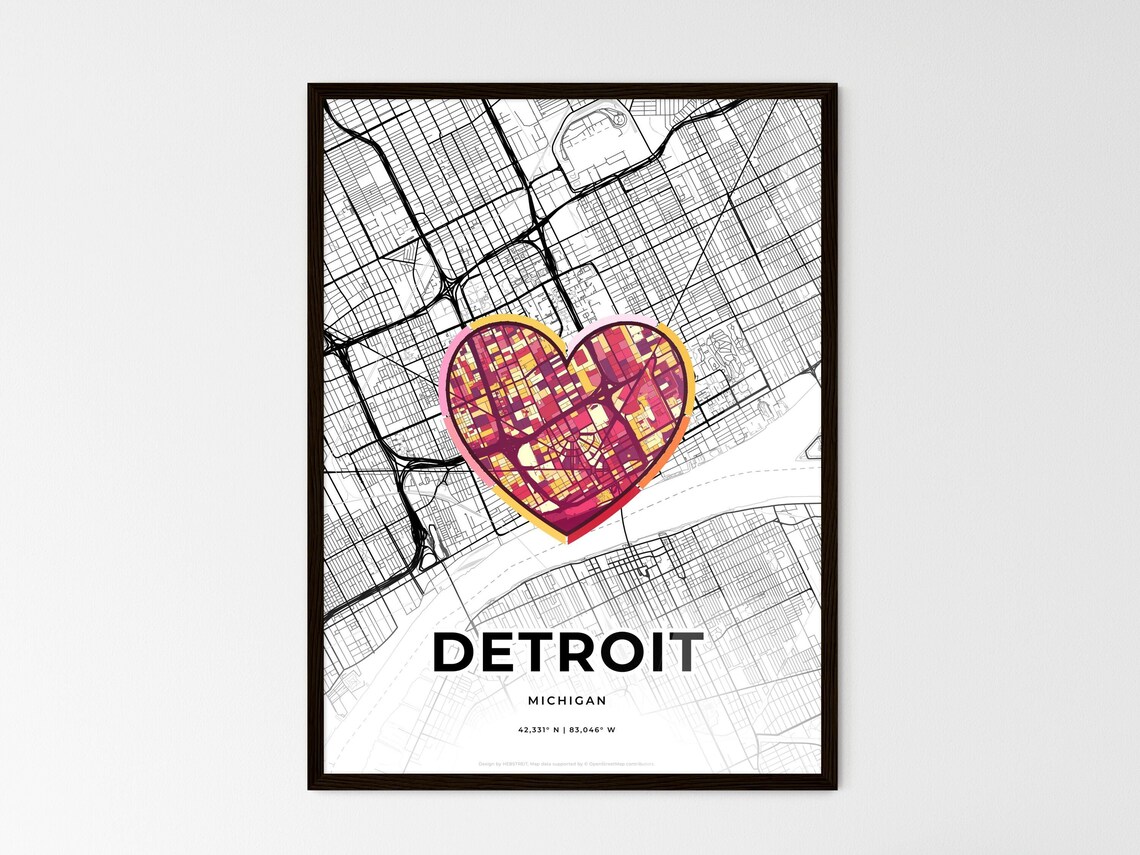 Detroit Michigan Minimal Map Art With Colorful Heart Icon Poster