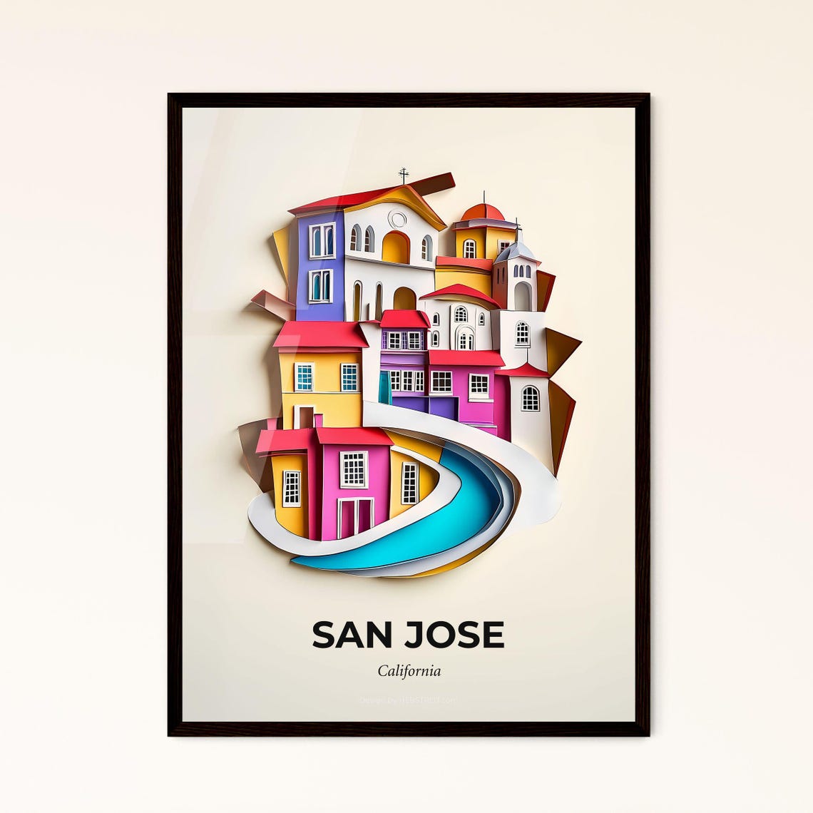 San Jose California Colorful Papercut Town River Scene Poster