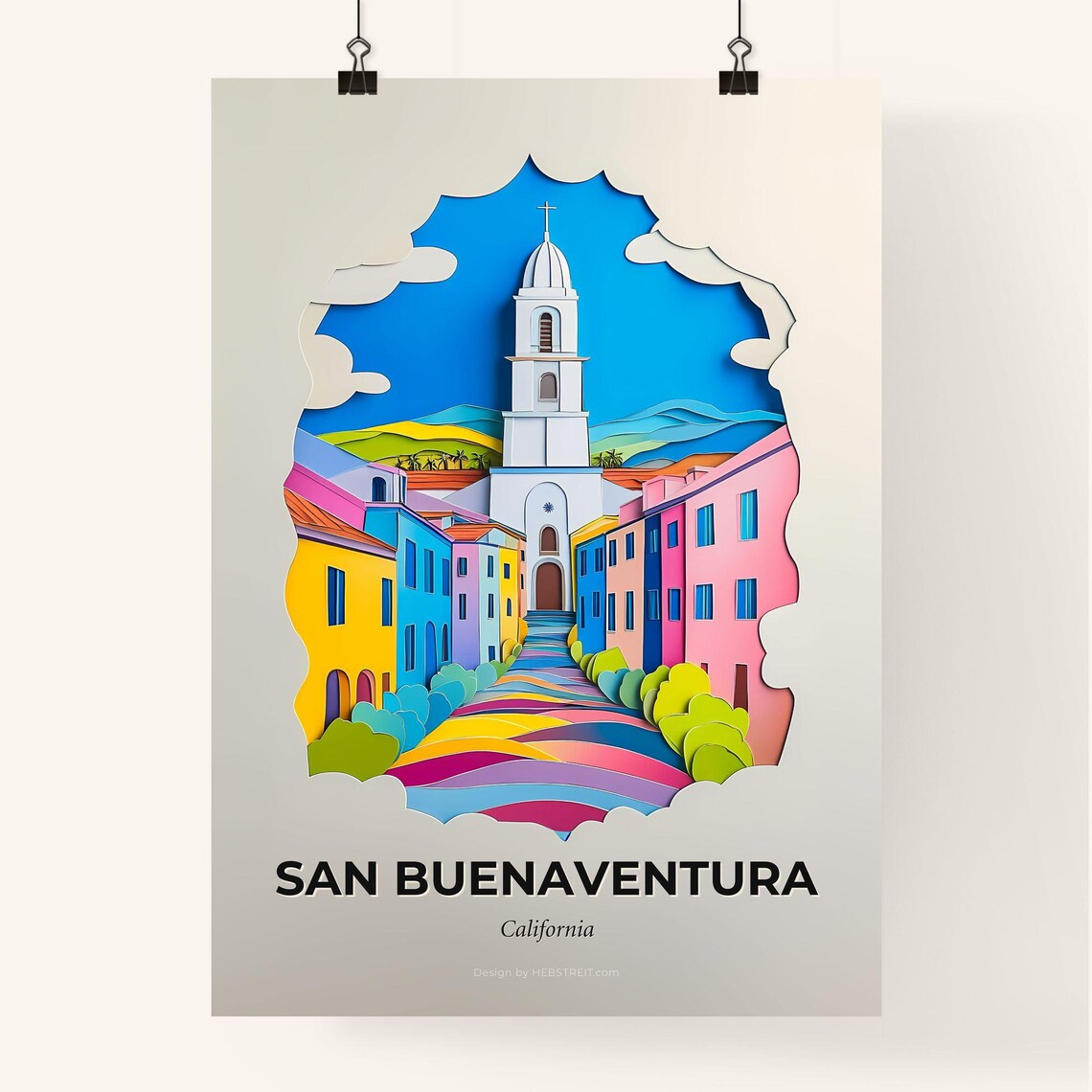 San Buenaventura California Mission Church Street Paper Cut Poster - Image 4