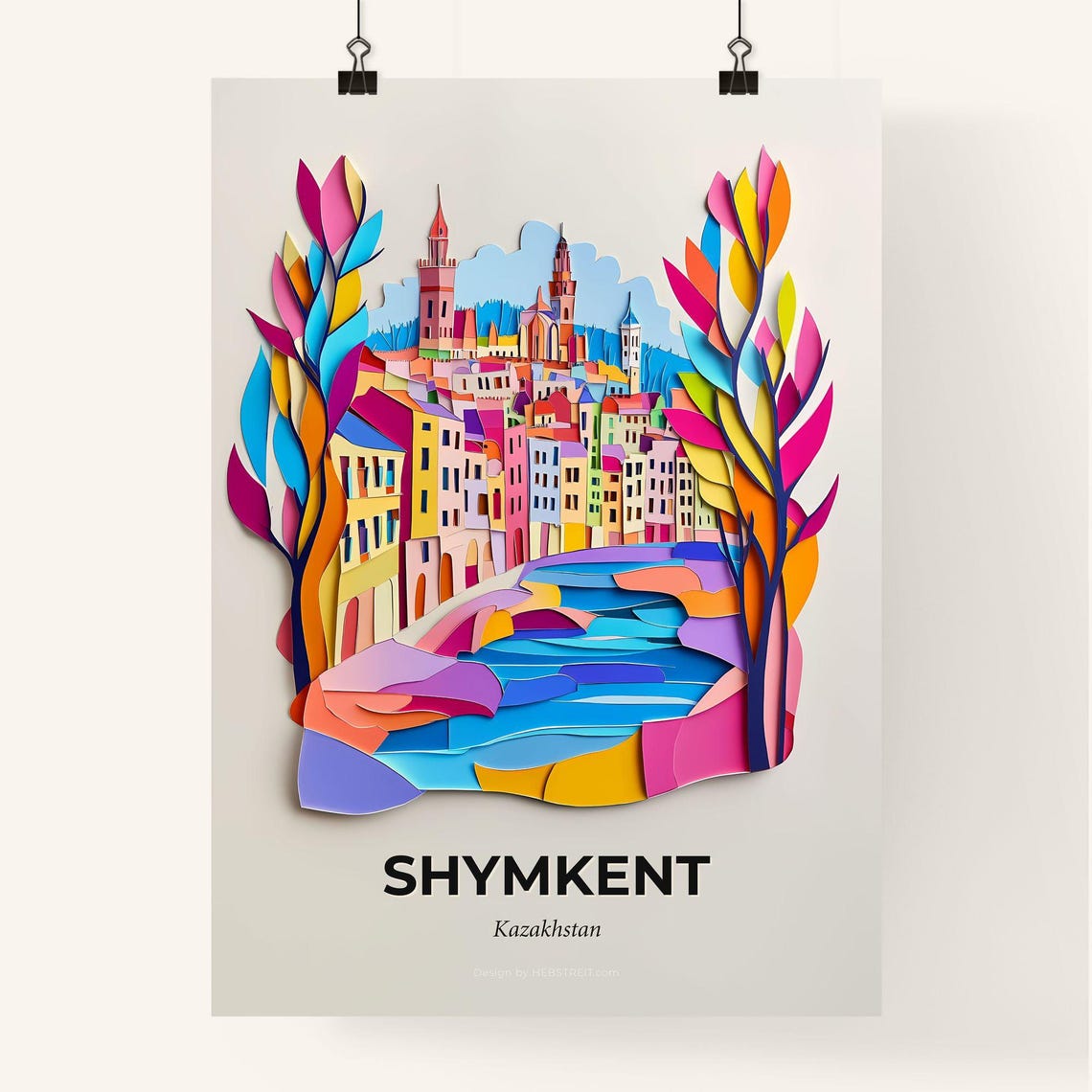 Shymkent Kazakhstan Old Town River Colorful Paper Cut Poster - Image 4