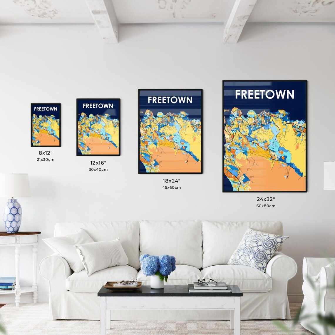 Freetown Sierra Leone Bold Blue Orange City Street Map Art Poster - Image 3