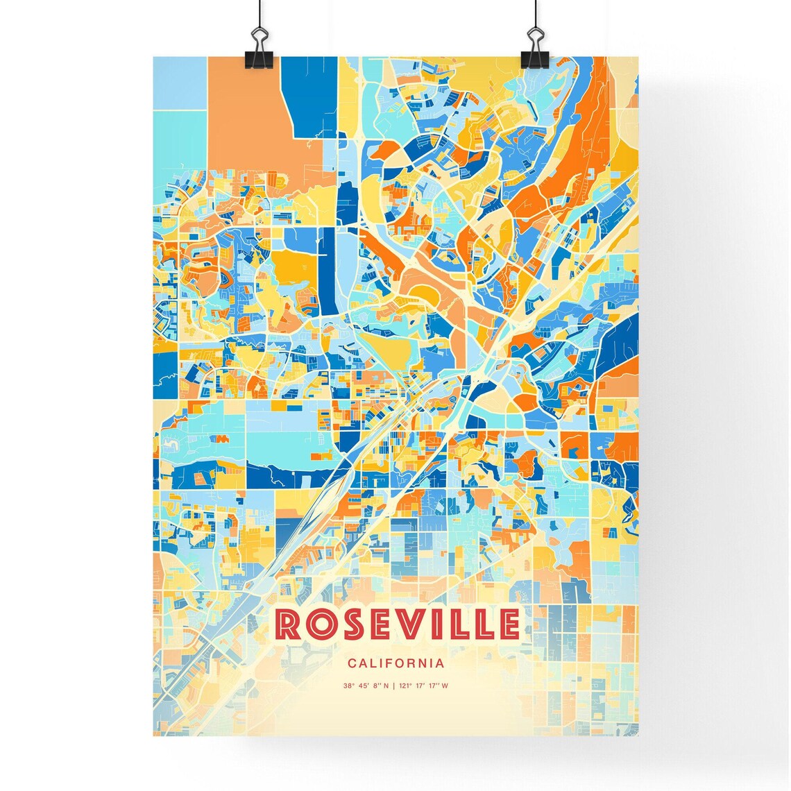 Roseville California City Map Art Poster Blue Orange Street Style - Image 3