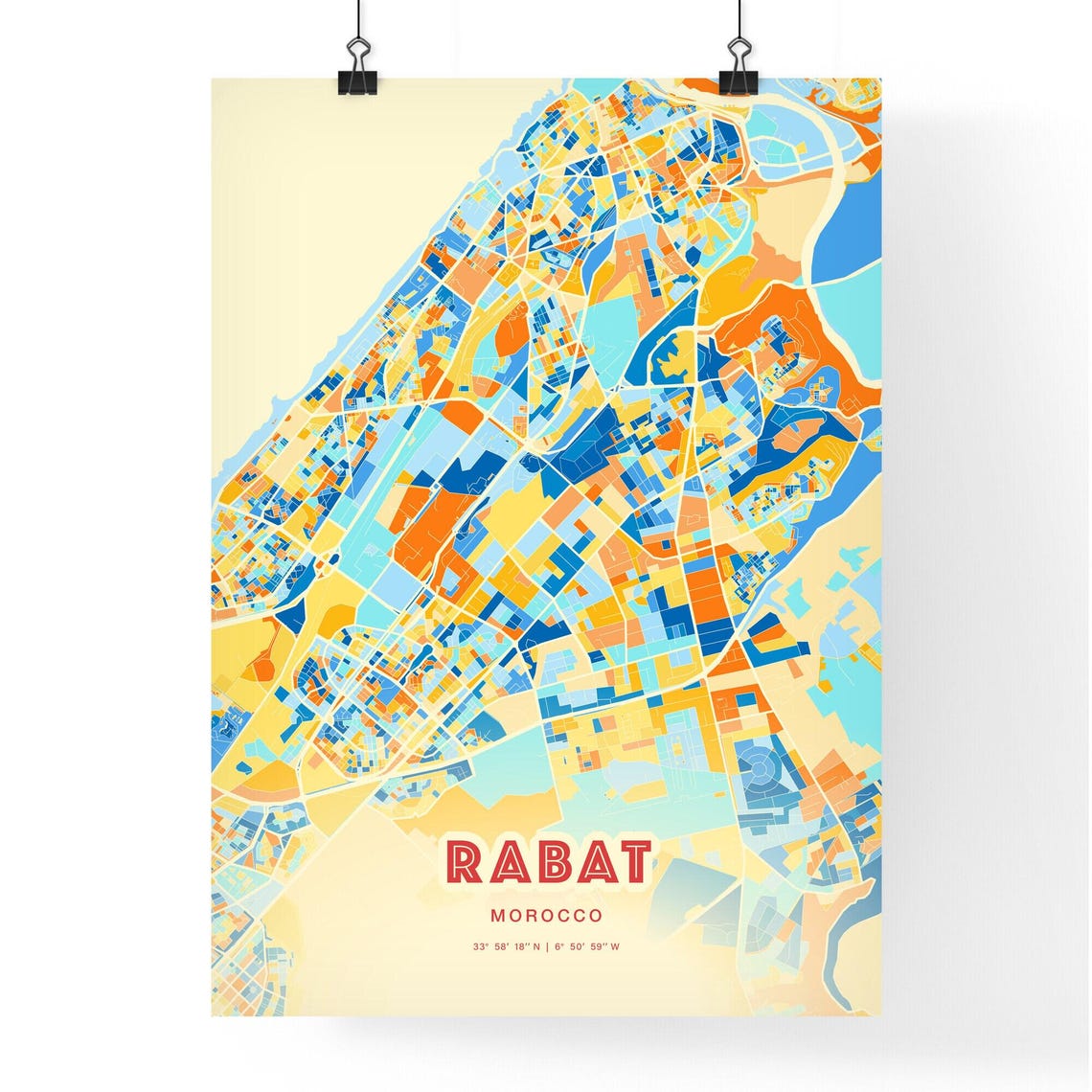Rabat Morocco Colorful Blue and Orange City Street Map Poster - Image 3