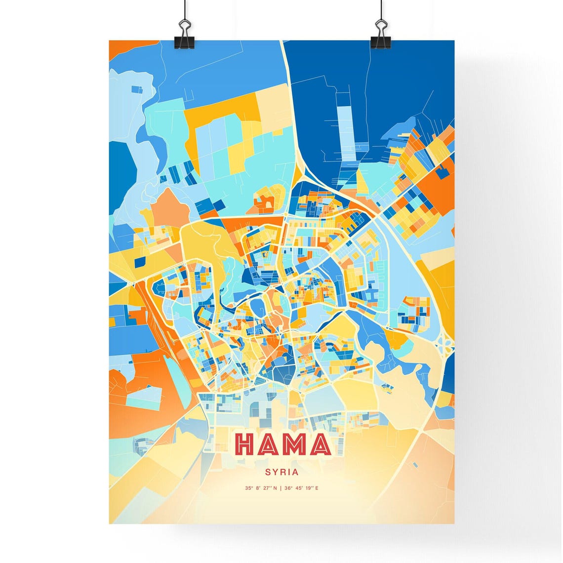 Hama Syria Colorful Abstract City Map Blue Orange Art Poster - Image 3