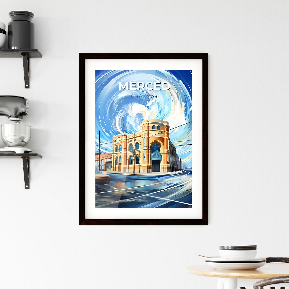 Merced California Historic Building Travel Poster Swirling Sky Art - Image 2
