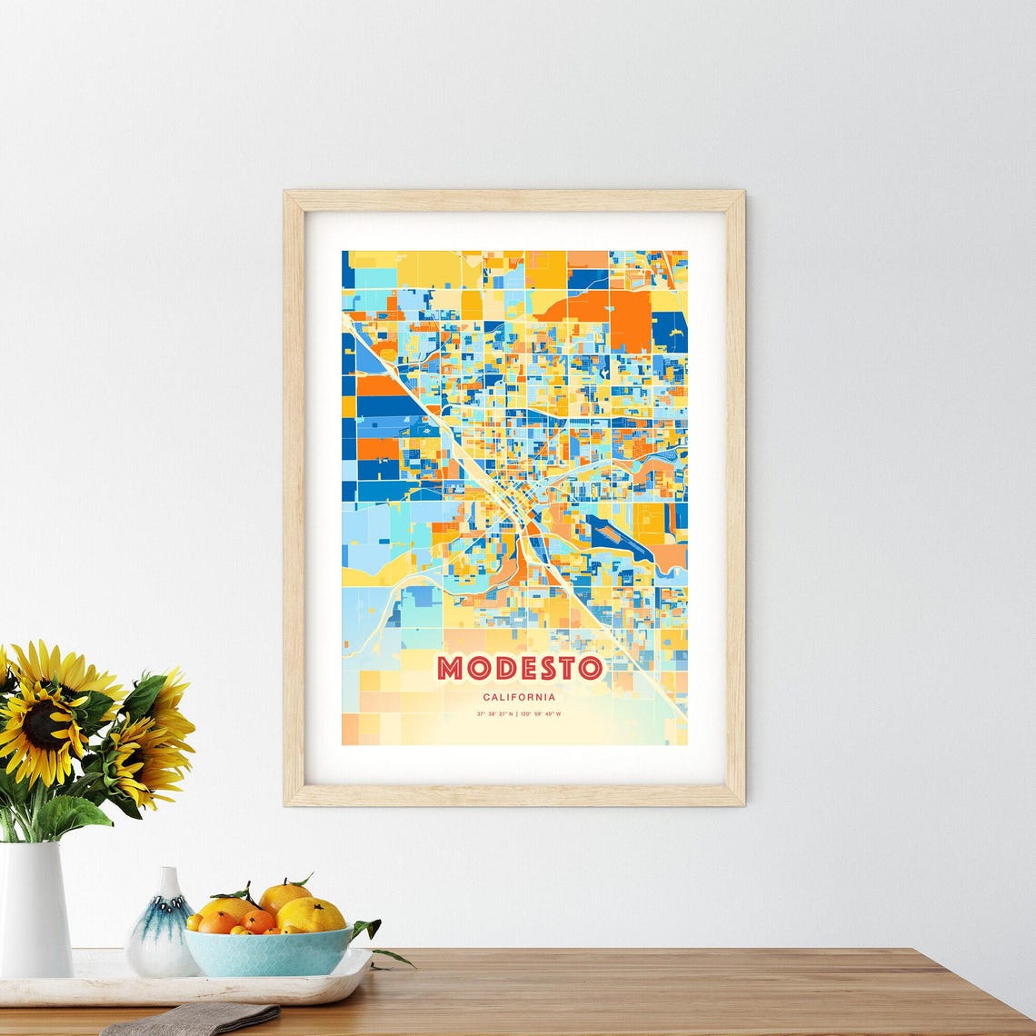 Modesto California Modern Geometric Blue Orange City Map Art Poster - Image 2