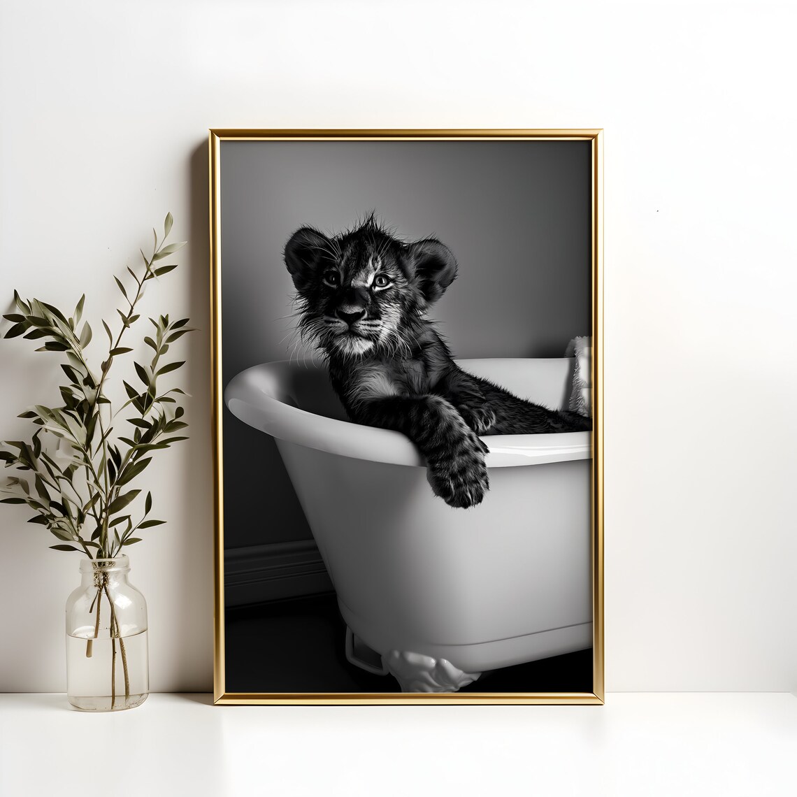 Baby Lion Cub Sitting In White Bathtub Black And White Funny Poster