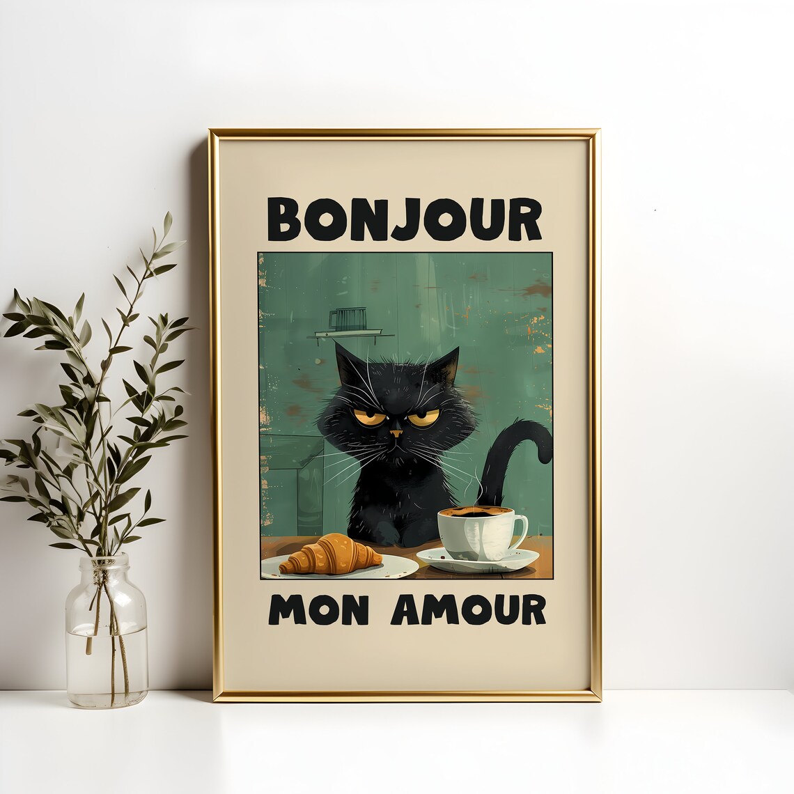 Bonjour Mon Amour Sassy Grumpy Black Cat Coffee French Cat Poster - Image 2