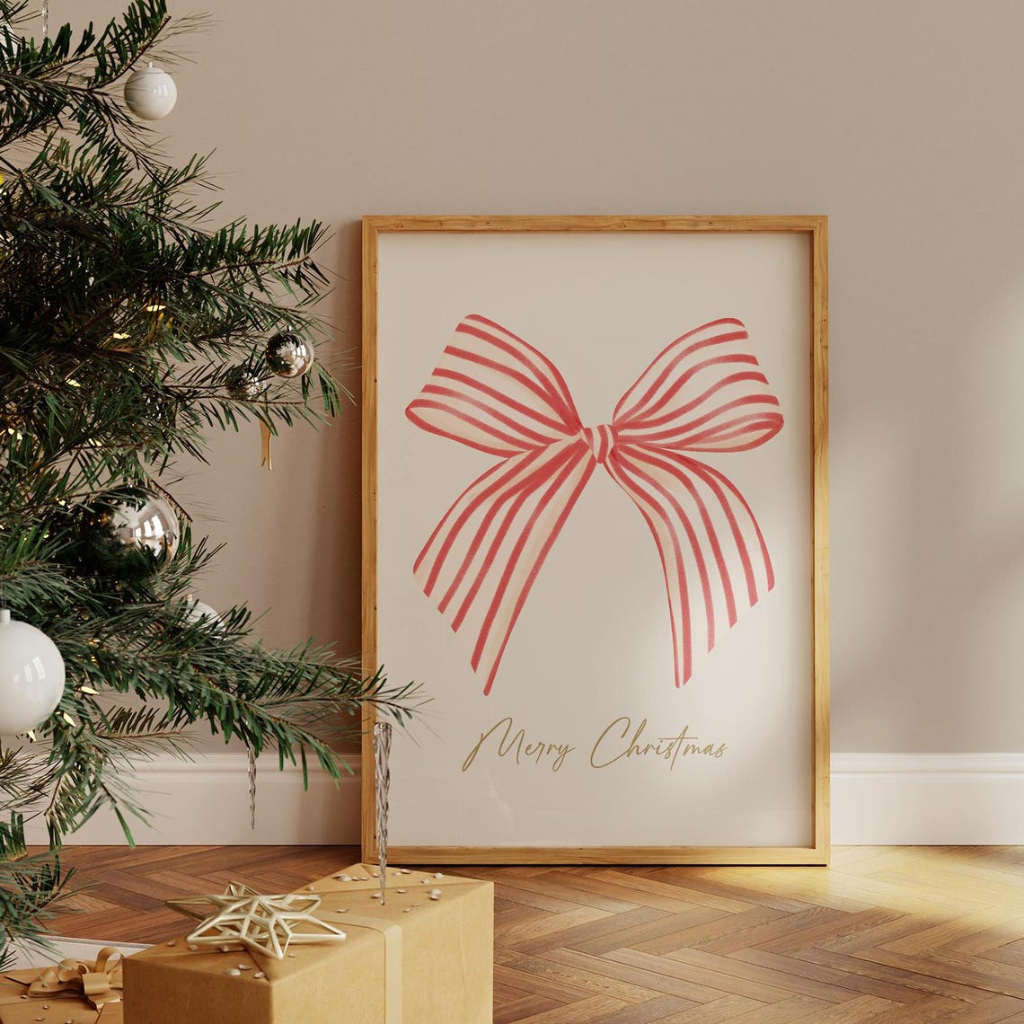 Merry Christmas Big Red Striped Bow Gold Script Holiday Wall Art - Image 4
