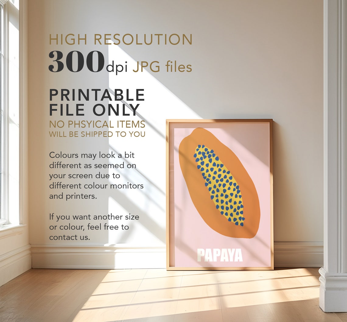 Papaya Bold Fruit Illustration Orange Blue Pink Kitchen Wall Art - Image 4