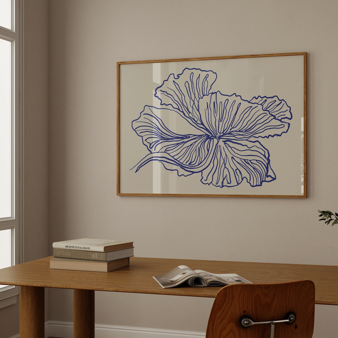 Blue Line Art Hibiscus Flower Minimal Botanical Beige Wall Poster - Image 2