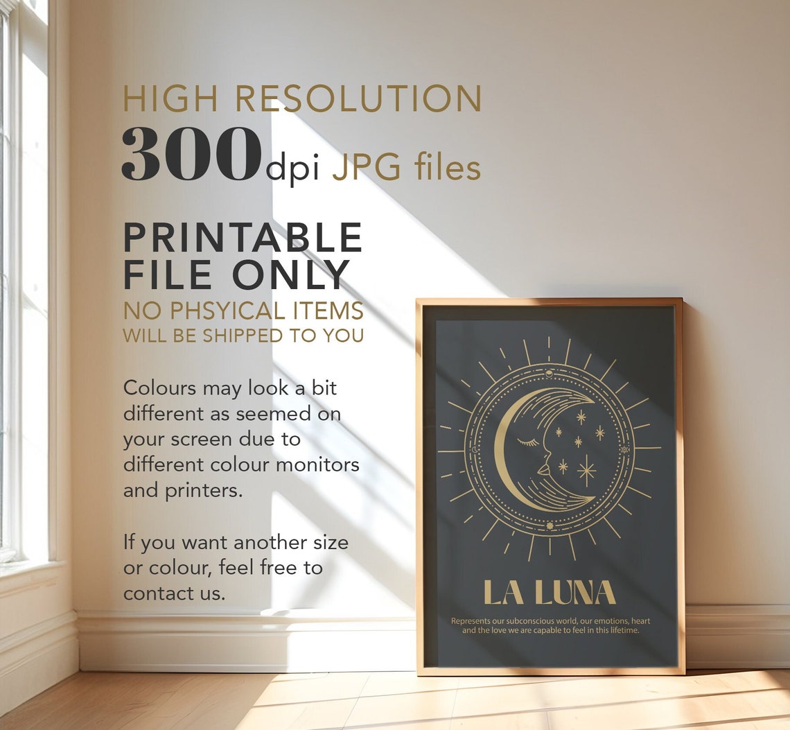 La Luna Gold Crescent Moon Face Celestial Spiritual Black Poster - Image 4