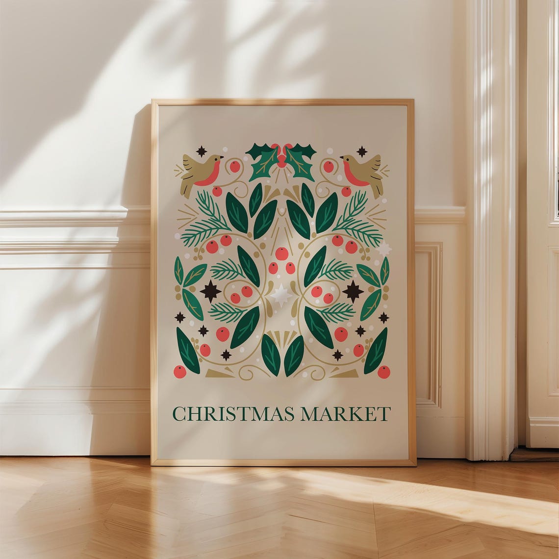Christmas Market Nordic Folk Art Birds Holly Red Green Gold Poster - Image 2