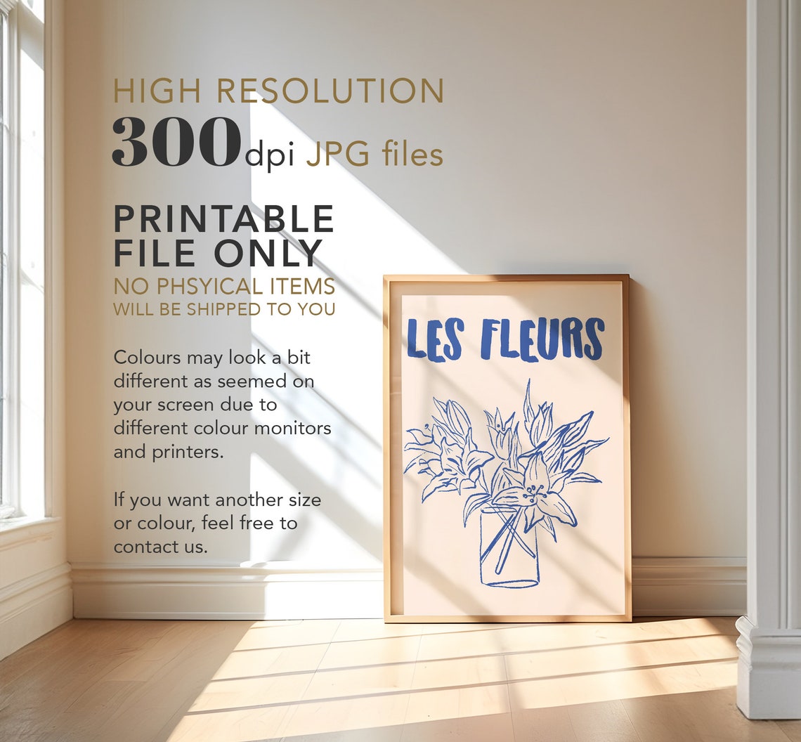 Les Fleurs Blue Lily Bouquet Vase Line Art French Floral Decor Poster - Image 4
