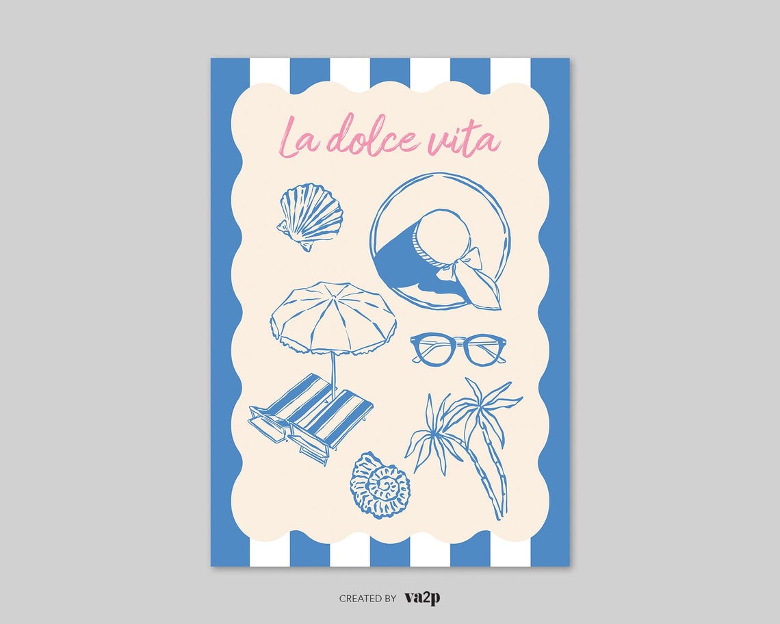 La Dolce Vita Blue Coastal Beach Illustration Striped Retro Poster - Image 2