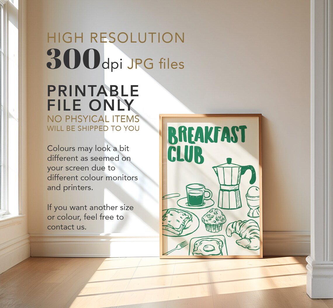 Breakfast Club Green Moka Pot Coffee Croissant Brunch Wall Art - Image 4
