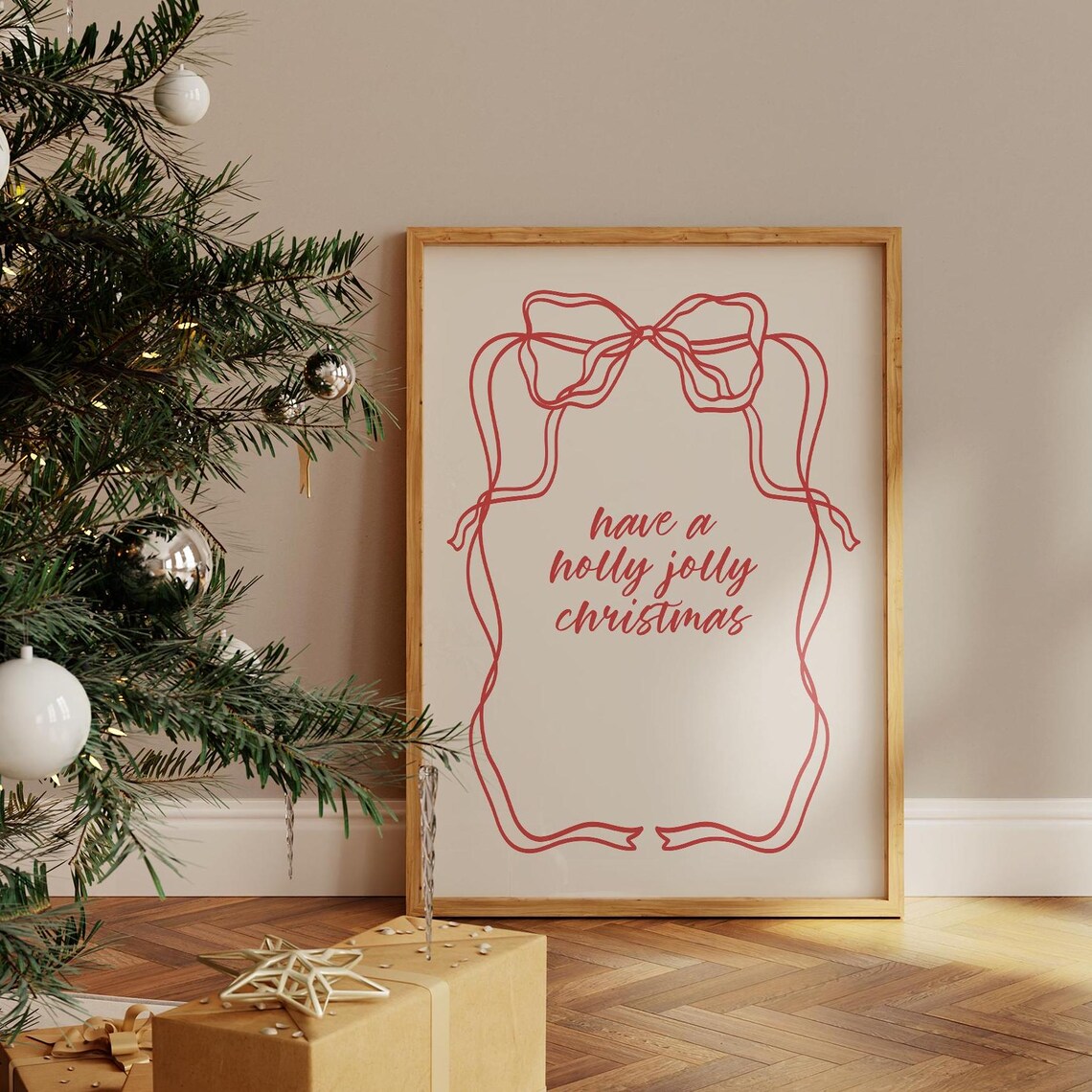 Have A Holly Jolly Christmas Red Ribbon Bow Line Art Wall Art - Image 3