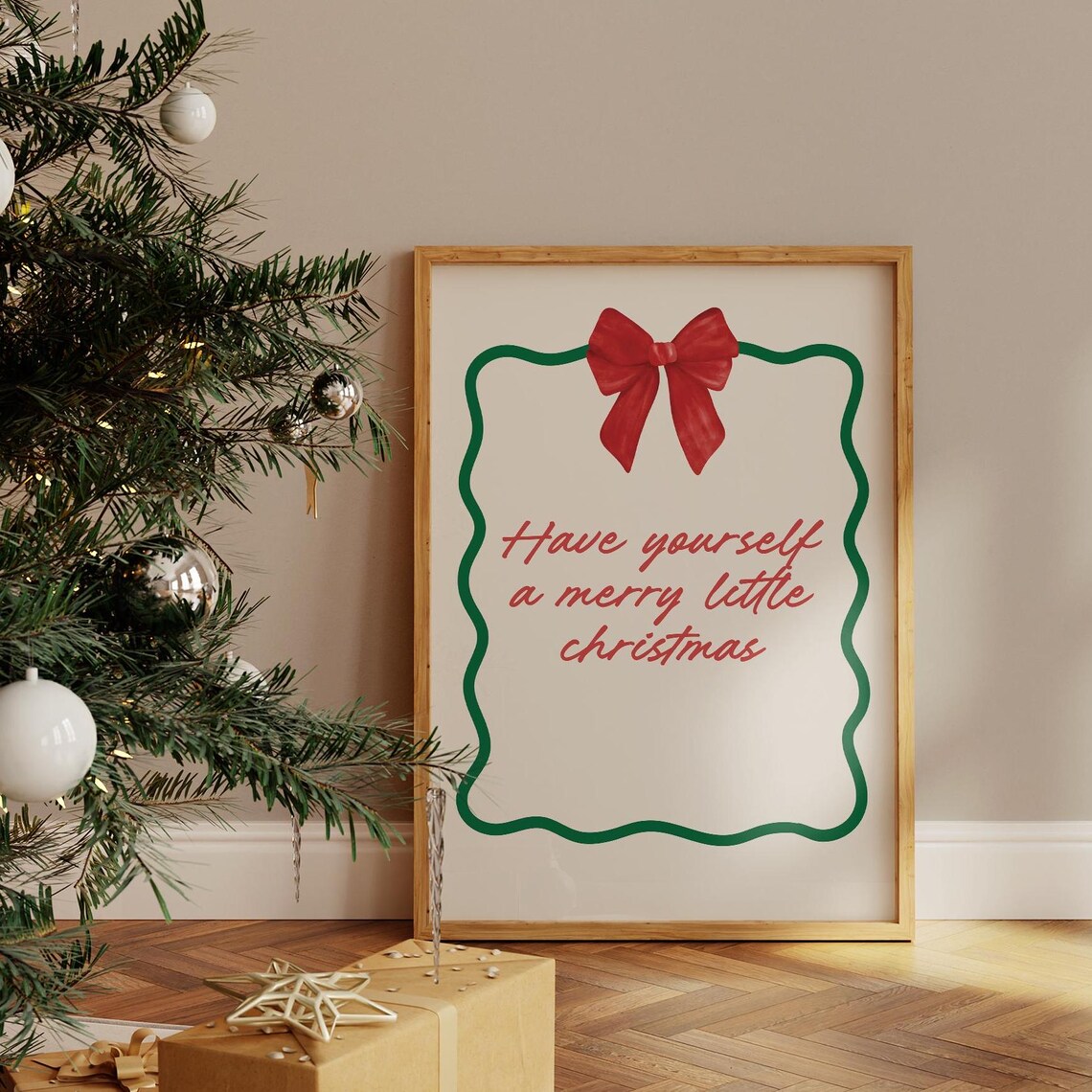 Have Yourself A Merry Little Christmas Red Bow Green Wavy Wall Art - Image 3