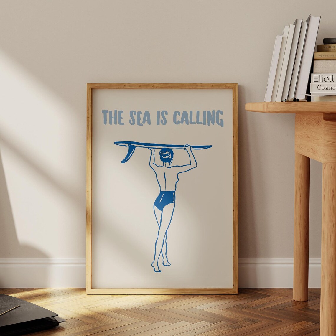 The Sea Is Calling Surfer Girl Blue Line Art Coastal Beach House Poster - Image 2