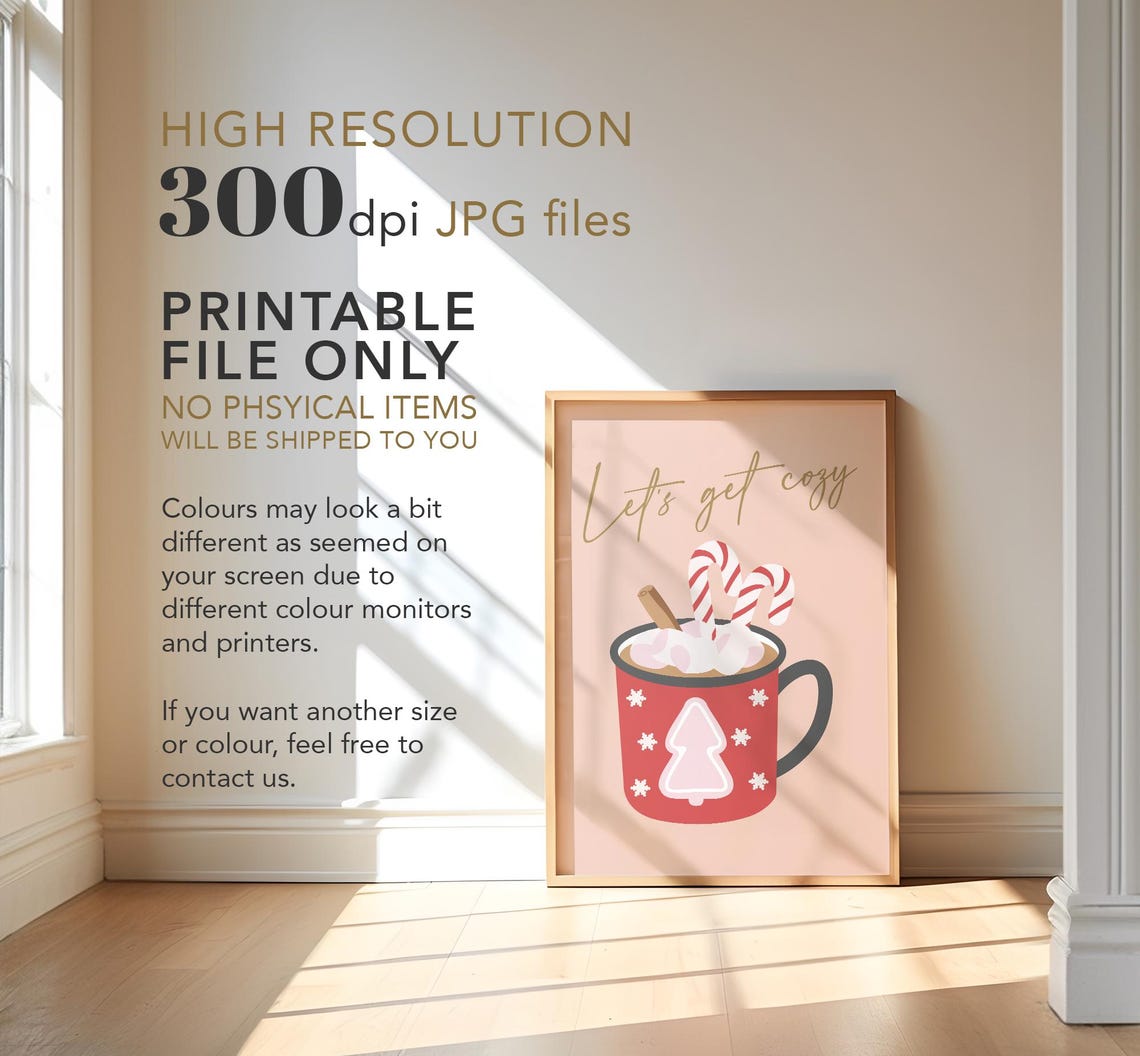 Lets Get Cozy Hot Cocoa Candy Cane Winter Mug Blush Pink Poster - Image 3