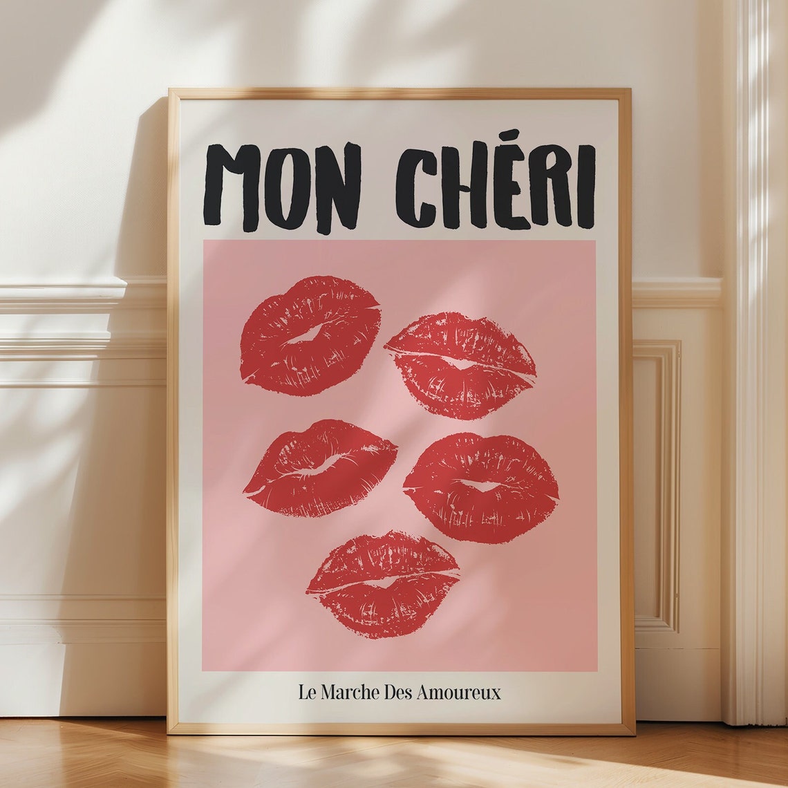 Mon Cheri Red Lipstick Kiss Marks French Pop Art Pink Poster