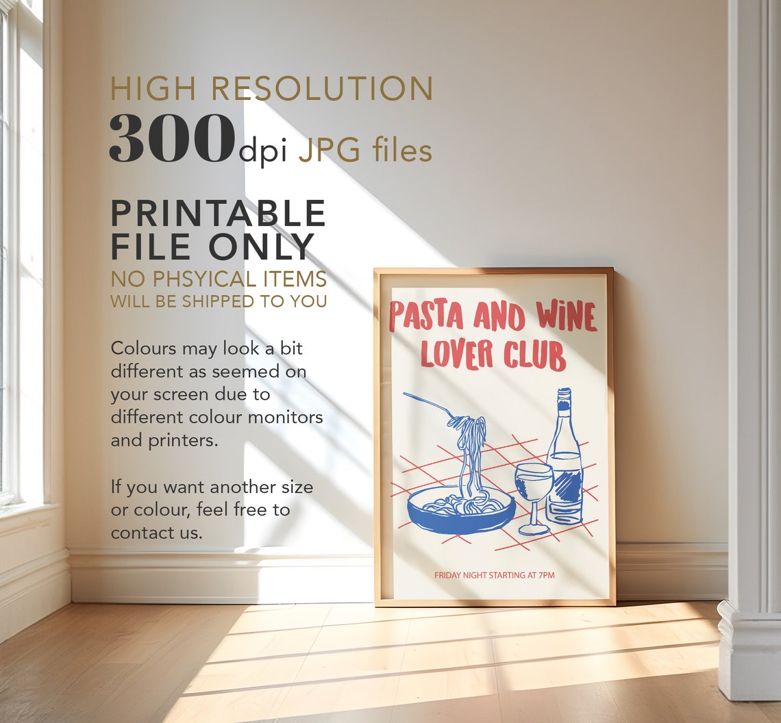 Pasta and Wine Lover Club Retro Red Blue Italian Dinner Poster - Image 4