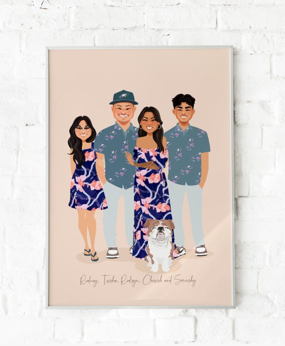 Custom Illustrated Family Portrait With Bulldog and Eagles Cap Poster