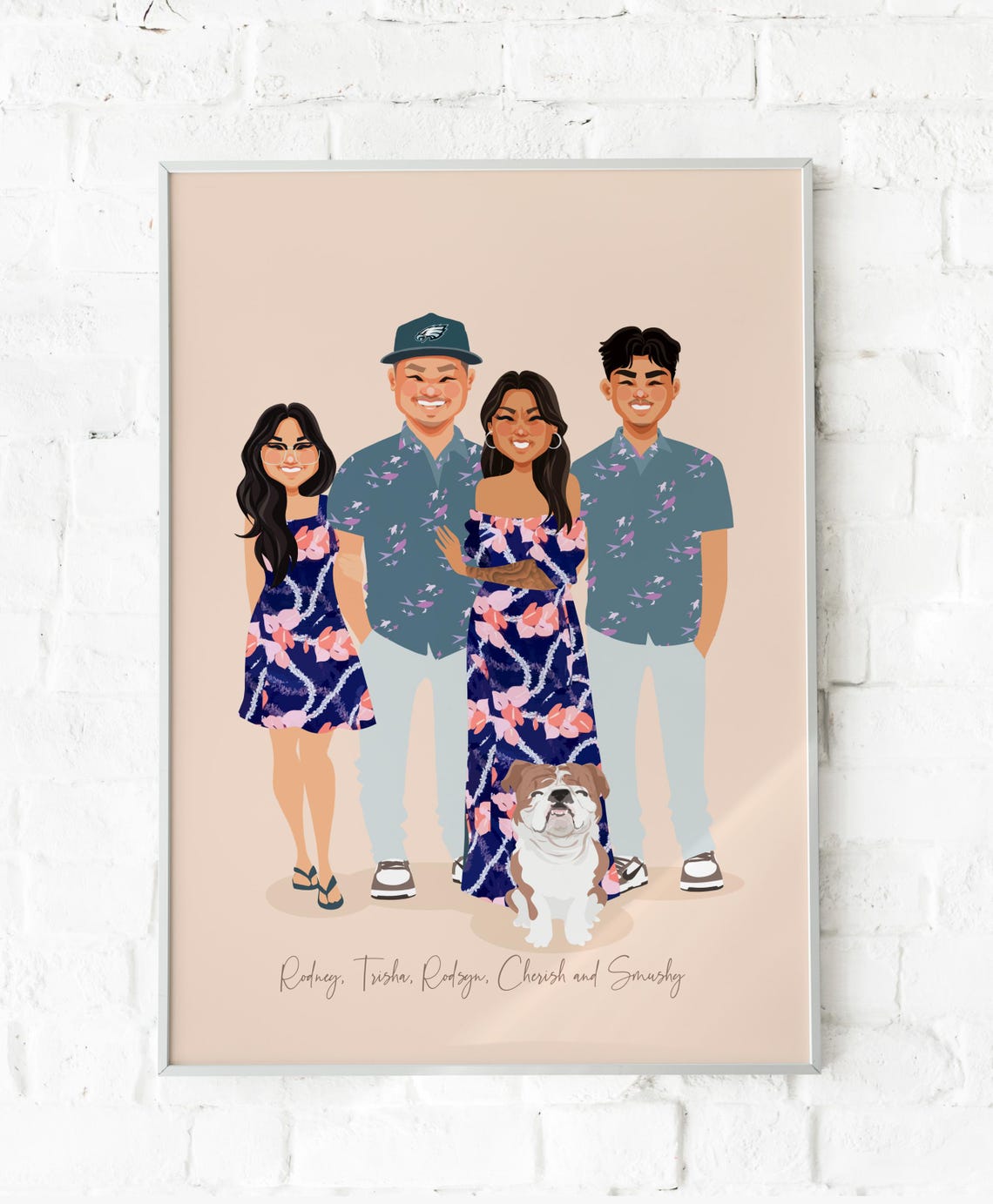 Custom Illustrated Family Portrait With Bulldog and Eagles Cap Poster