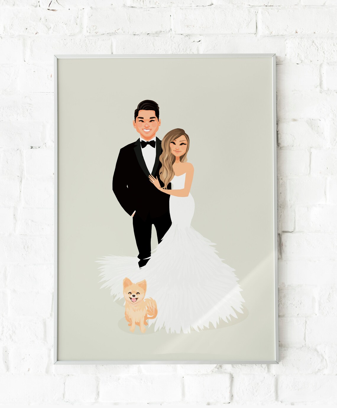 Custom Illustrated Wedding Portrait With Couple and Small Dog Poster
