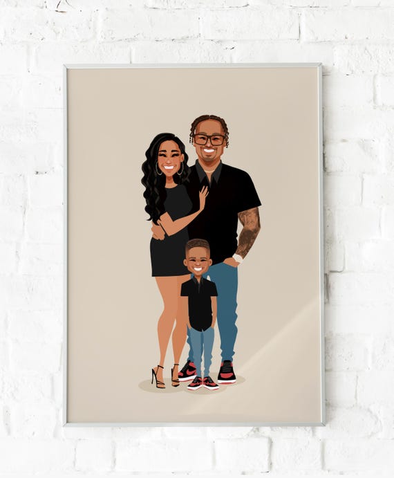 Custom Illustrated Family Portrait With Mother Father and Son Poster