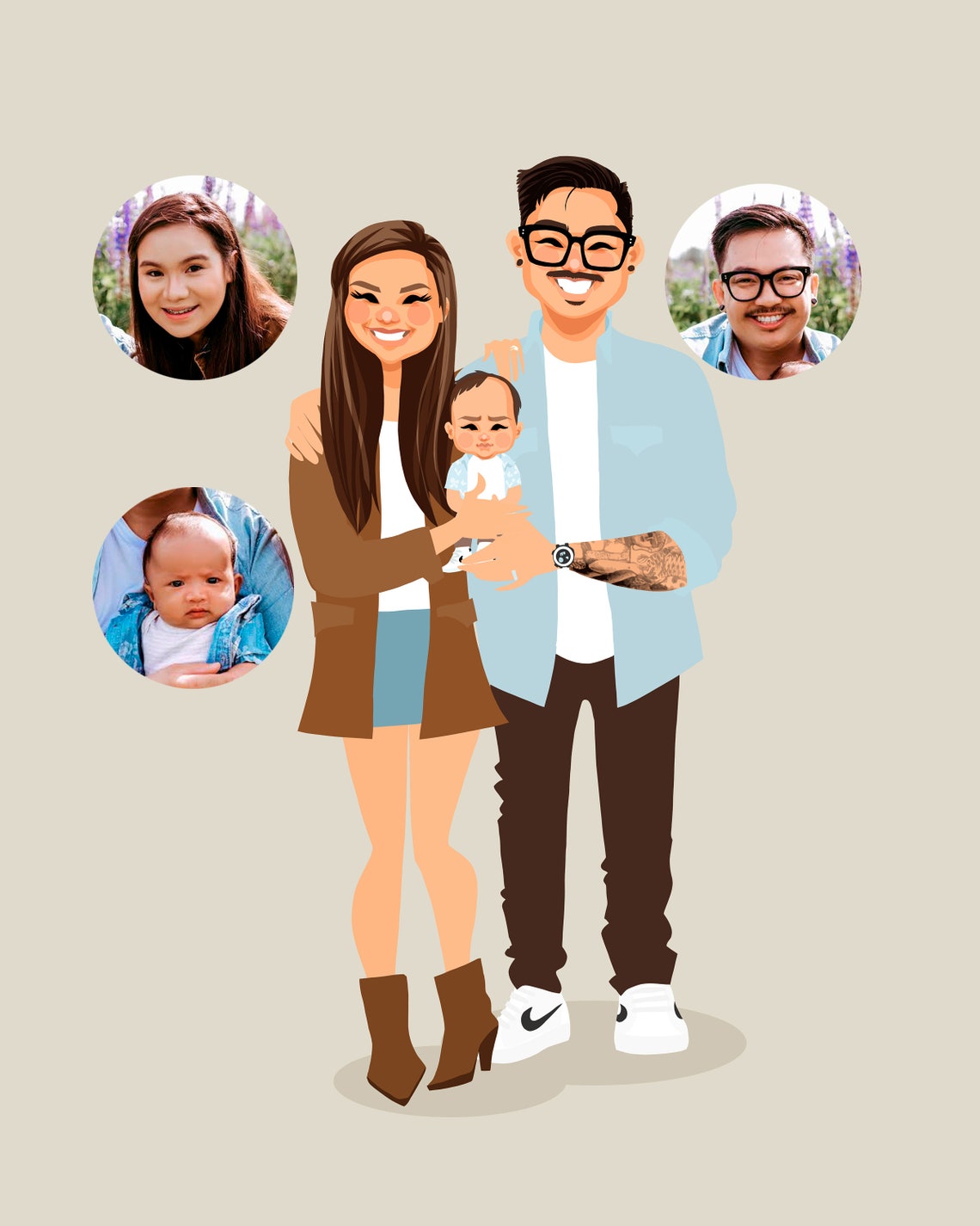 Custom Illustrated Family of Four Portrait With Baby and Daughter Poster - Image 3