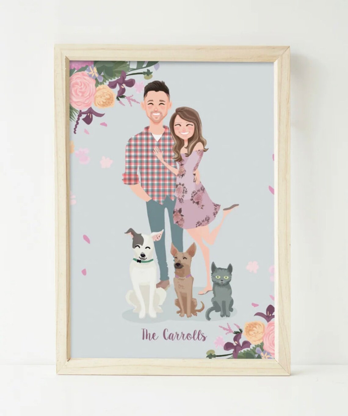 Floral Wedding Custom Portrait, Personalized Drawing