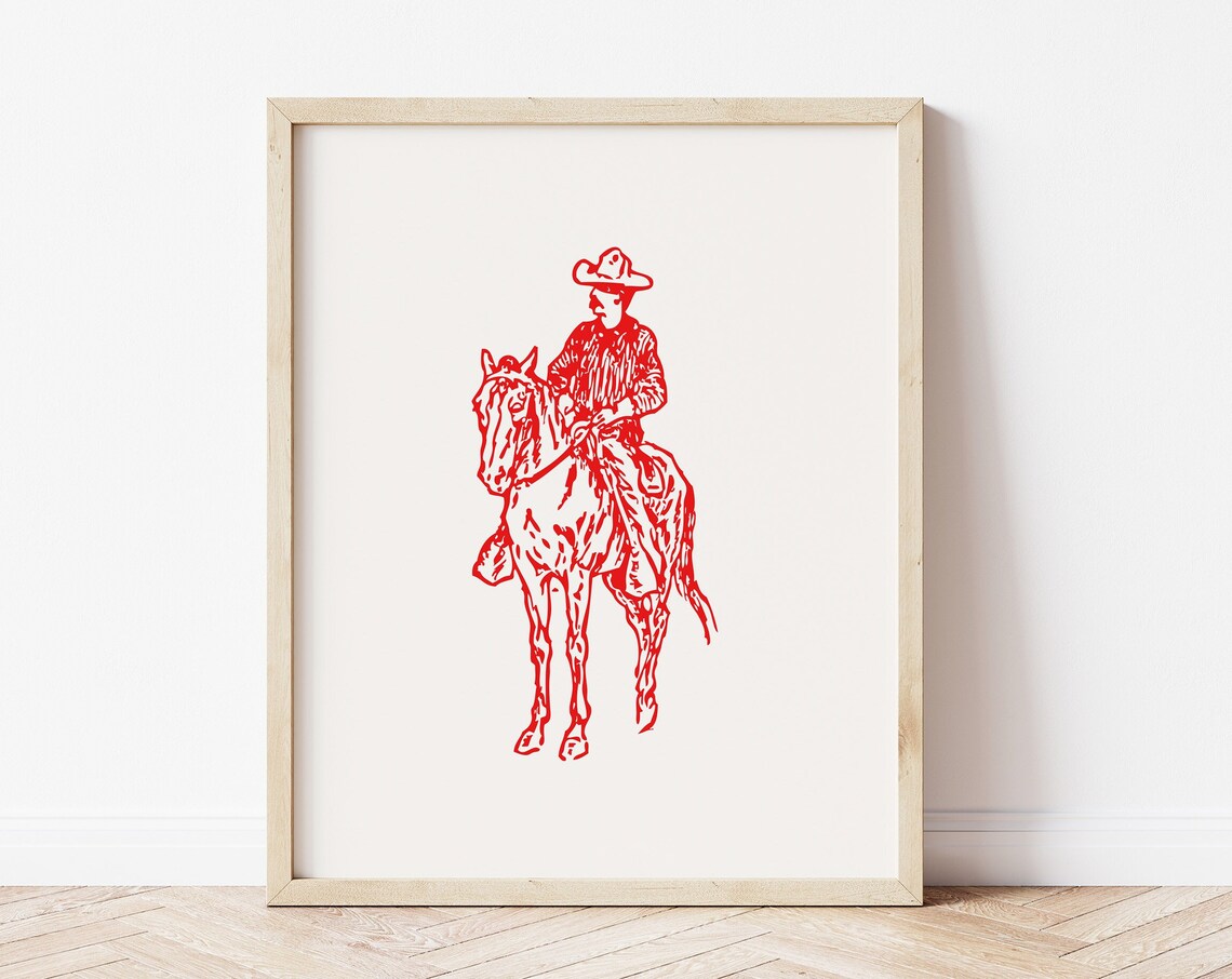 Cowboy on Horseback Red Line Art Western Ranch Decor Wall Poster