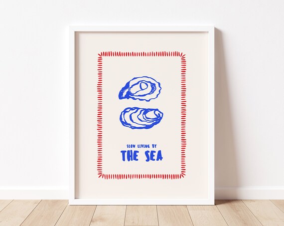 Slow Living By The Sea Blue Oyster Coastal Quote Line Art Poster