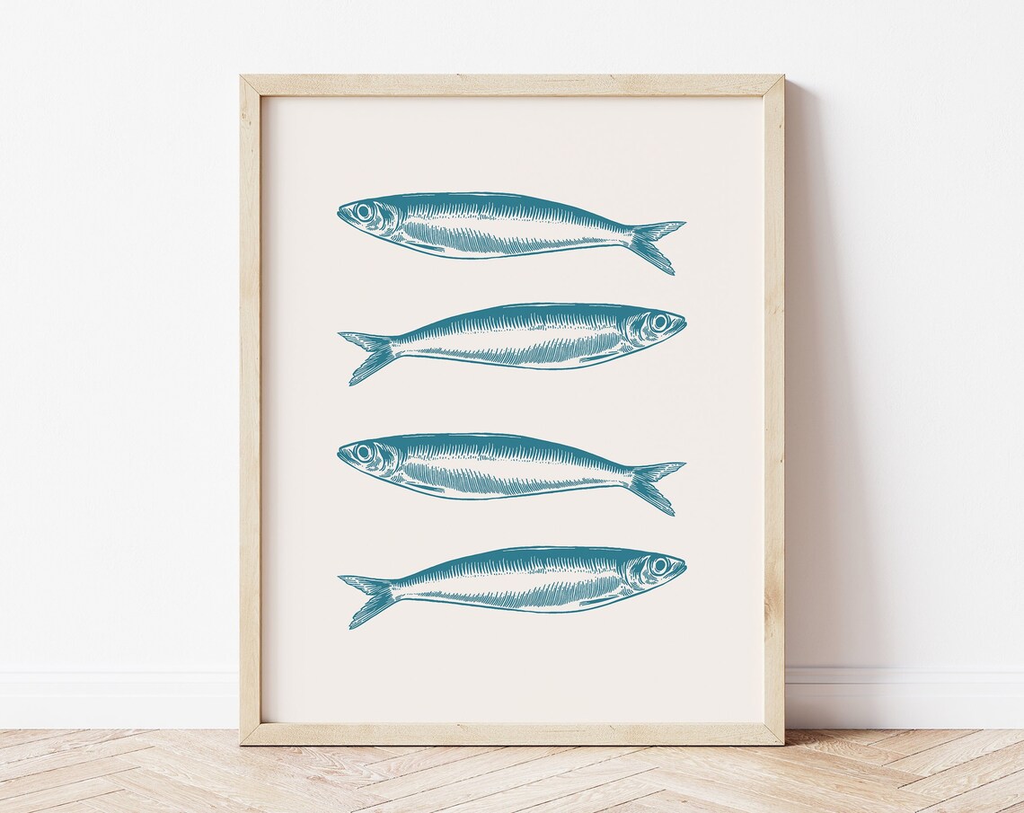 Four Teal Sardines Engraved Fish Row Vintage Seafood Art Print