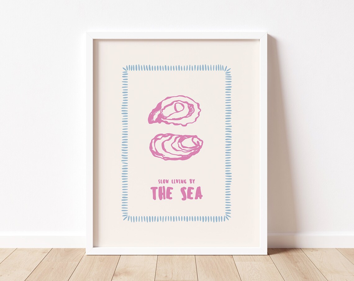 Slow Living By The Sea Pink Oyster Coastal Quote Line Art Print