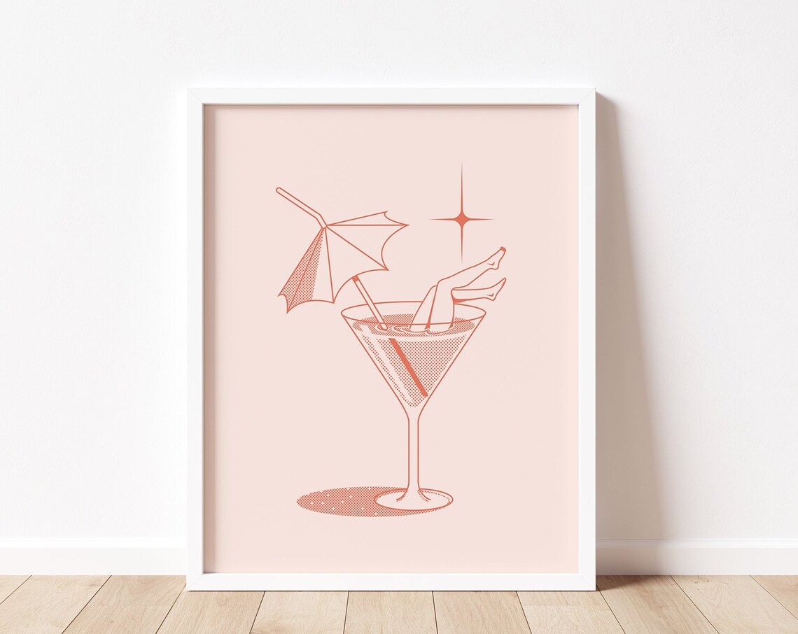 Cheeky Martini Glass Coral Line Art Cocktail Bar Decor Poster