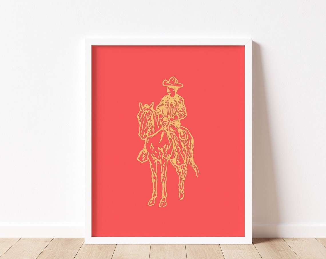 Cowboy on Horseback Cream Line Art Coral Red Background Poster