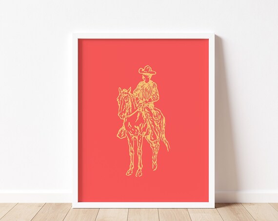 Coral Red Cowboy Print Western Art Print Cowboy Poster Country Wall Art Cowboy Wall Art Wall Art