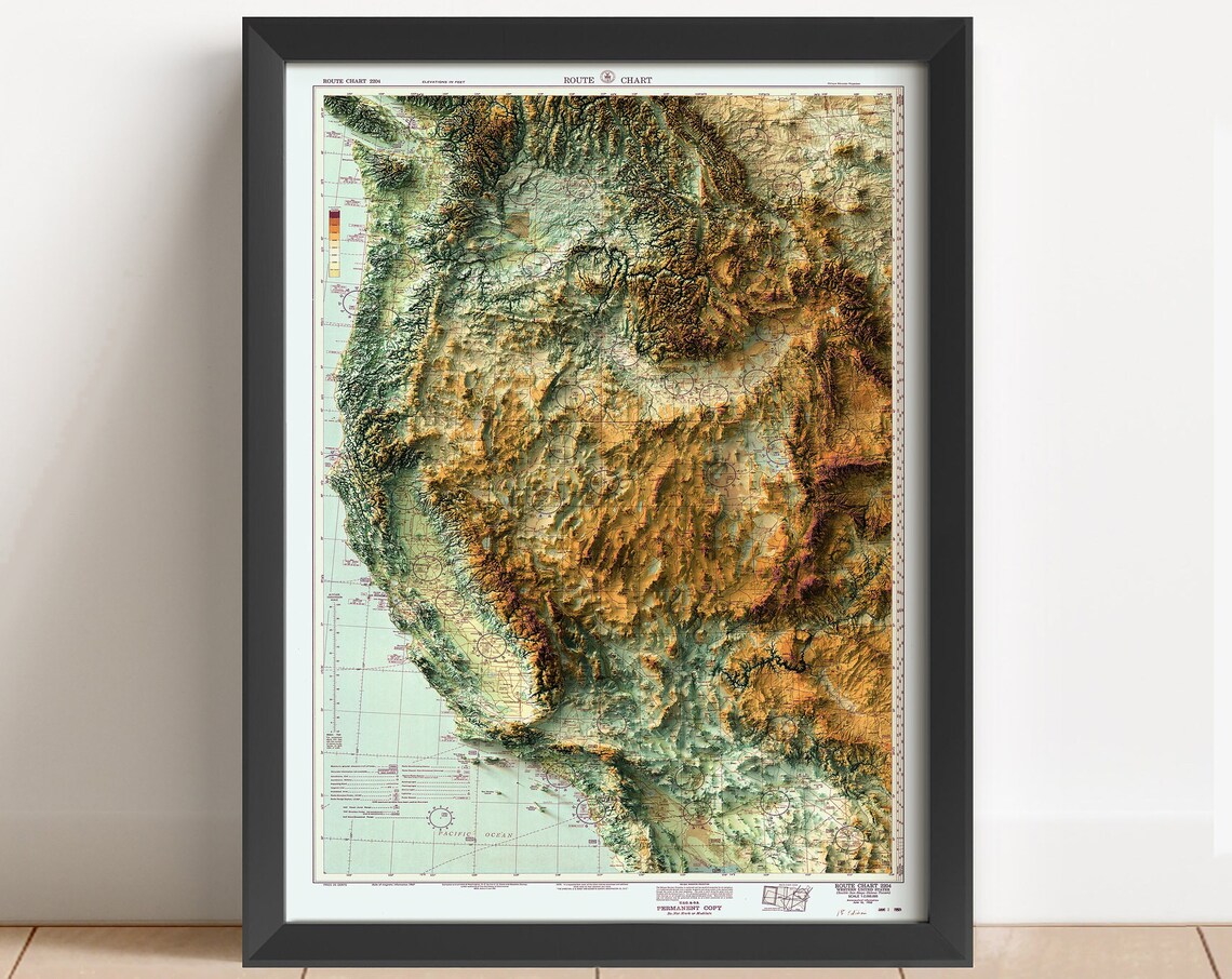 Western United States 1950 Relief Route Chart Vintage Map Poster