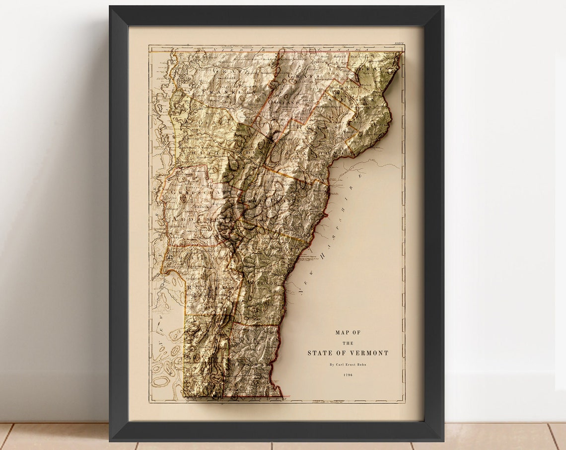 Old Vermont 1796 Antique Relief Map By Carl Ernst Bohn Wall Art