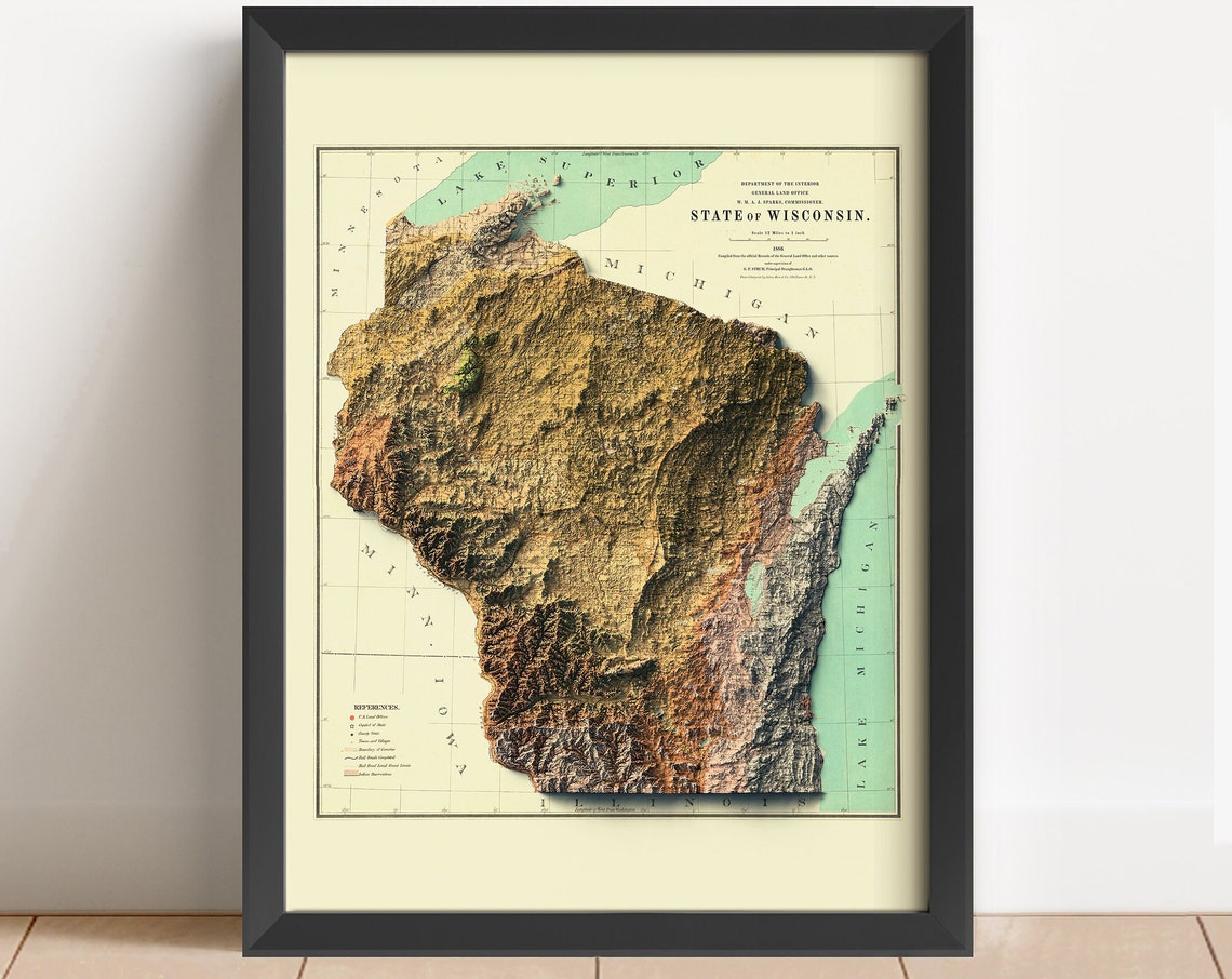 Wisconsin 1886 Antique Relief Map State Brown Terrain Poster