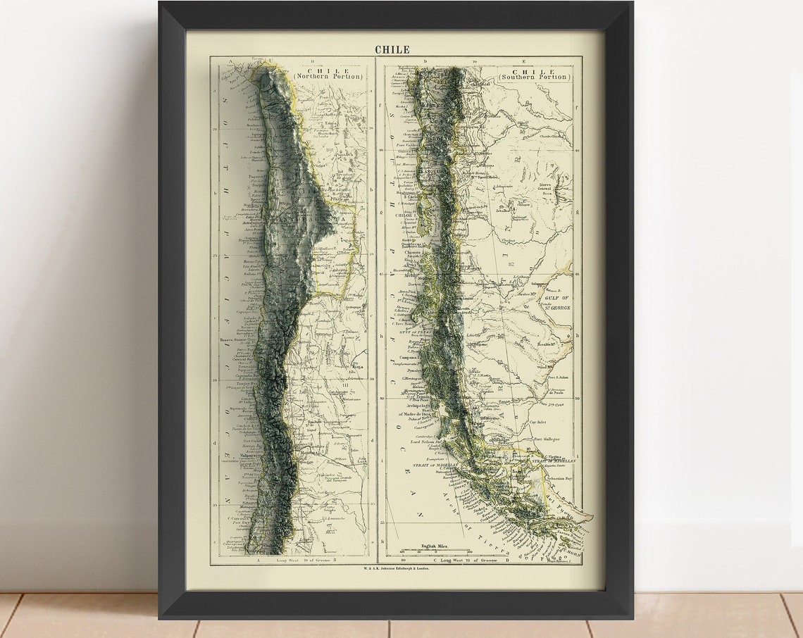Chile 1892 Northern Southern Portion Vintage Relief Map Poster