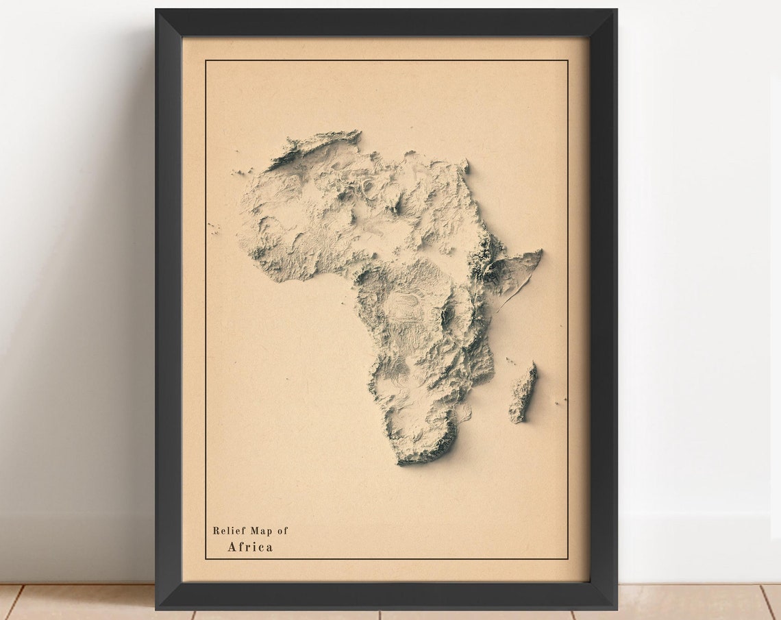 Africa Relief Map 3D Terrain Neutral Minimalist Travel Decor Poster