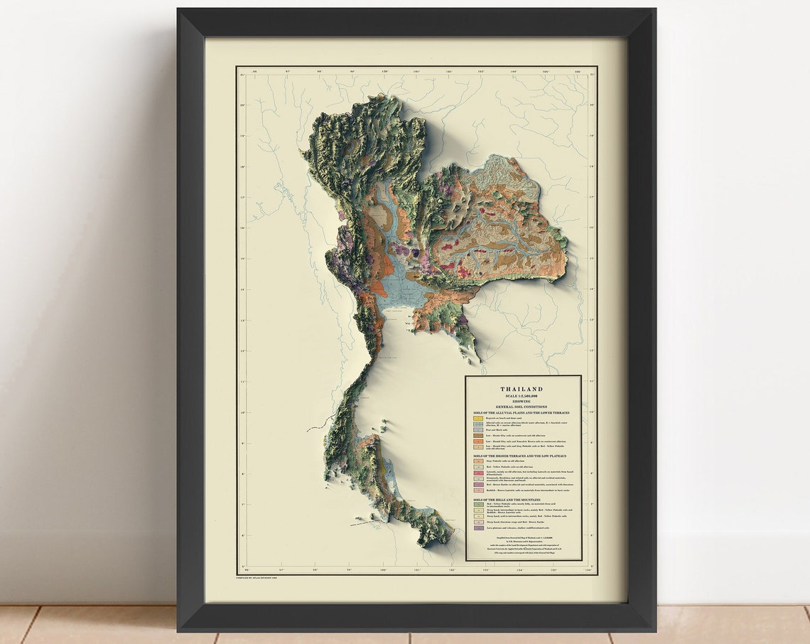 Thailand 1967 Vintage Soil Relief Map Beige Cartography Wall Art