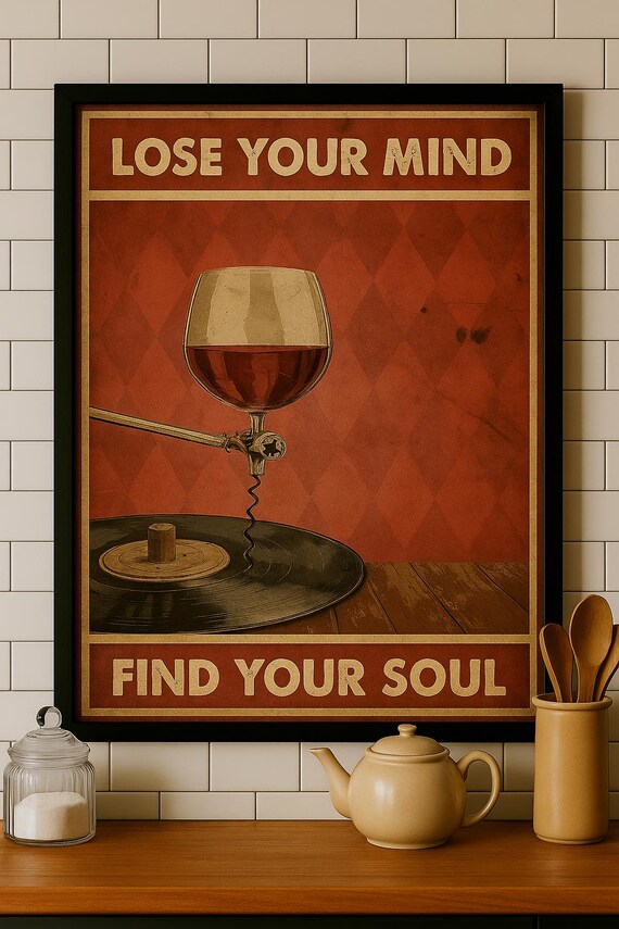 Vintage Wine Glass Record Player Lose Your Mind Find Your Soul Print