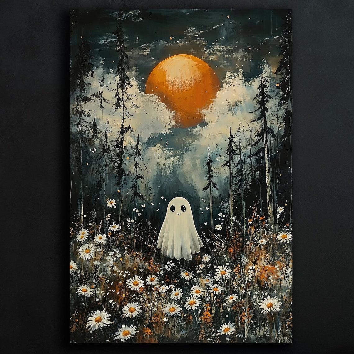 Whimsical Ghost In Daisy Field Under Orange Moon Halloween Poster