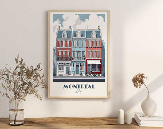 Montreal Quebec Colorful Rowhouses Mansard Roof Vintage Travel Poster